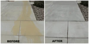 "side by side displaying the harmful effects of battery acid stains on a concrete surface but using products like F9 Barc can eliminate those stains"