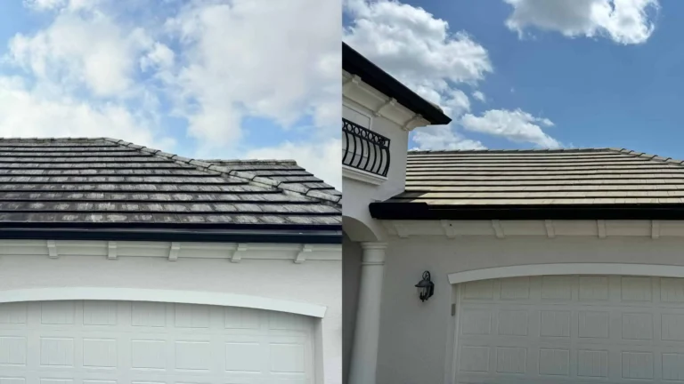 "a collage of before and after displaying a dirty moldy roof on the left and the same roof now clean and shiny on the right after using the soft wash cleaning method"