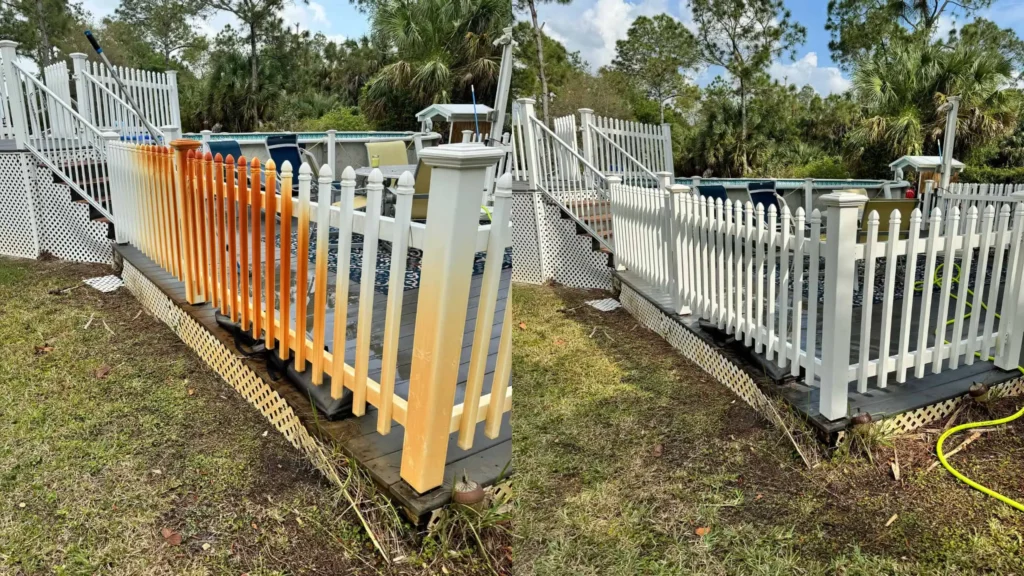 "collage displaying the results of stain removal services on a white fence in Naples FL"