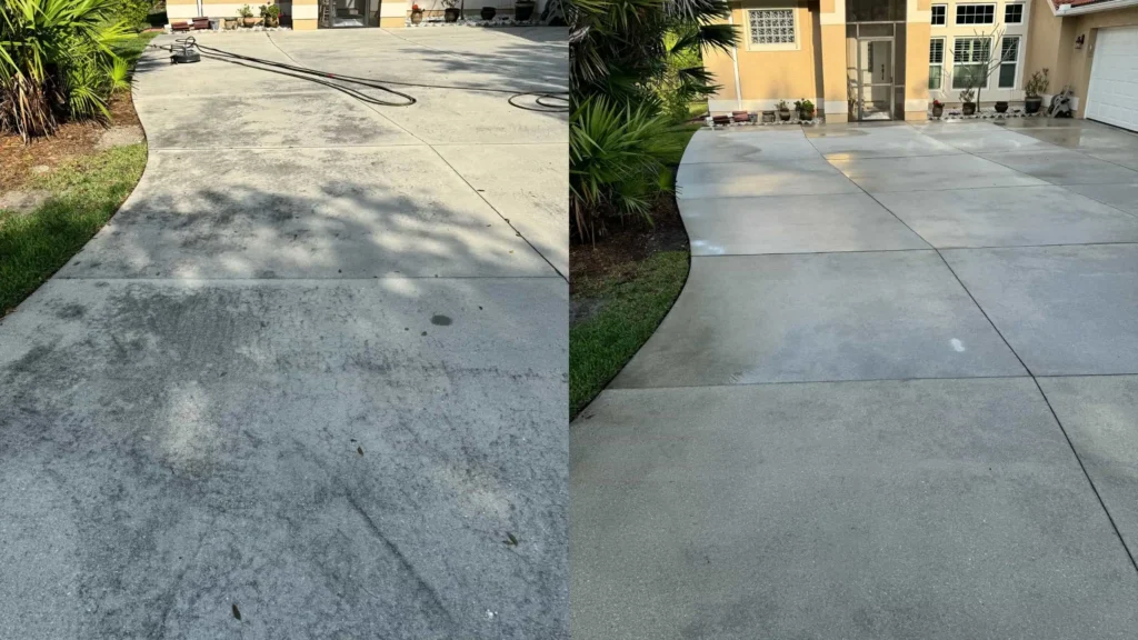 "collage of driveway displaying a dirty side with mold and grime and another side cleaned after pressure washing service"