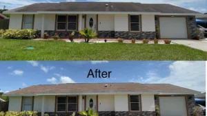 "collage displaying the results of soft-wash roof cleaning service in Naples Fl"