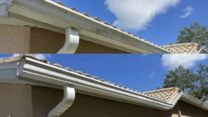 "a side by side displaying a dirty gutter before gutter cleaning service then after showing a clean and bright white gutter"