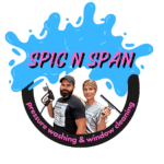 "Spic N Span transparent logo featuring a man and woman holding cleaning tools, representing pressure washing and window cleaning services."