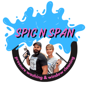 "Spic N Span transparent logo featuring a man and woman holding cleaning tools, representing pressure washing and window cleaning services."