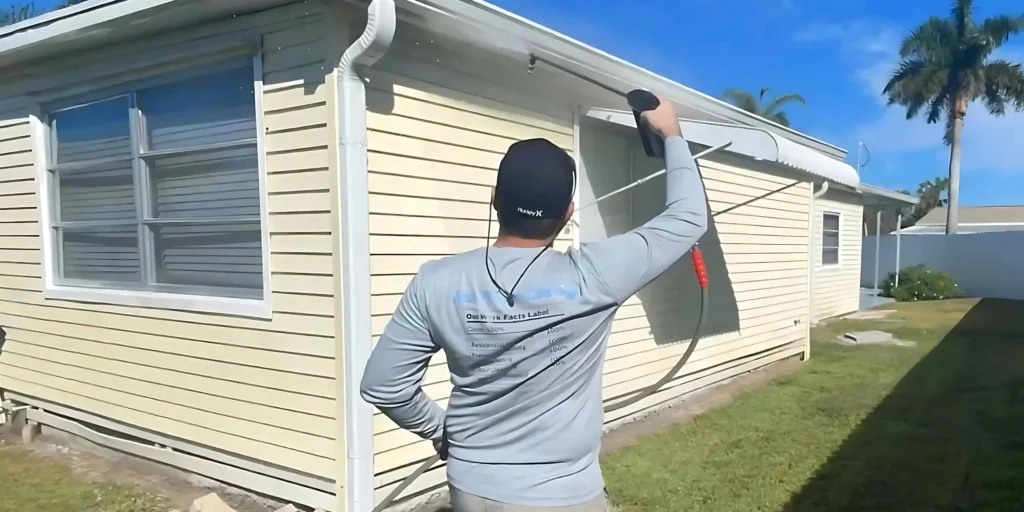 "A trained technician from Spic N Span Cleaning uses a pressure washer to clean the siding of a house on a sunny day. The professional is shown reaching high areas of the exterior with precision"