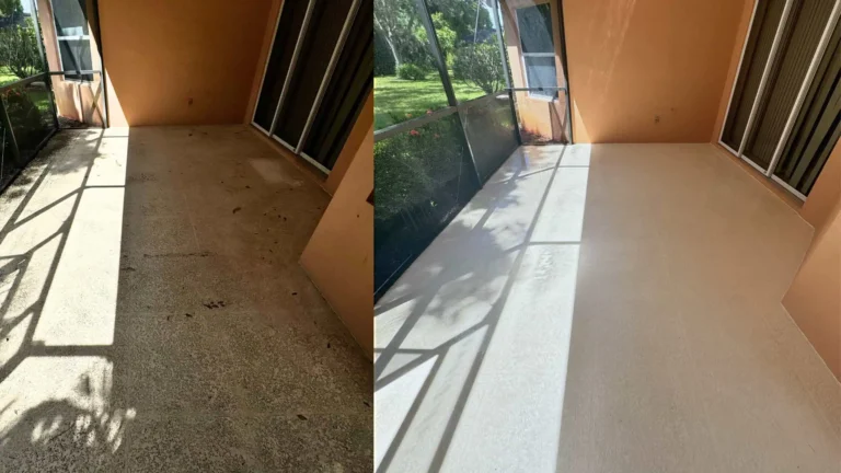 "Before and after comparison of a lanai patio cleaning. The left side shows the patio before cleaning, with dirt and debris on the surface. The right side shows the same patio after power washing, with a bright and spotless surface"