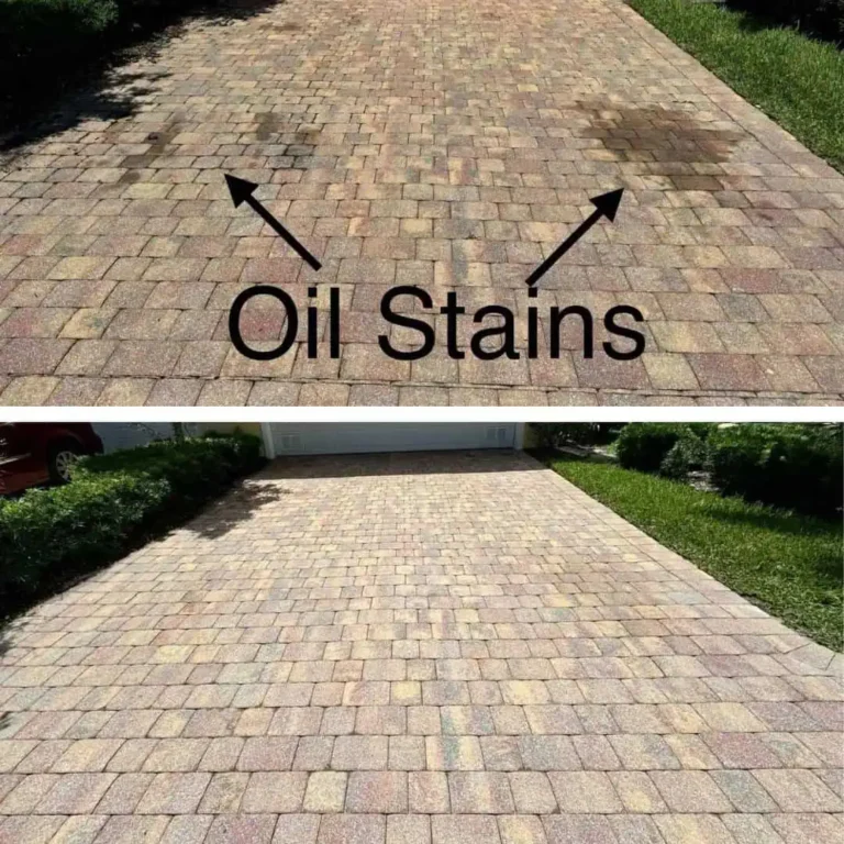 Before and after comparison of driveway pavers showing oil stains and the clean surface after professional pressure washing. Driveway cleaning removes tough stains and restores the original appearance.