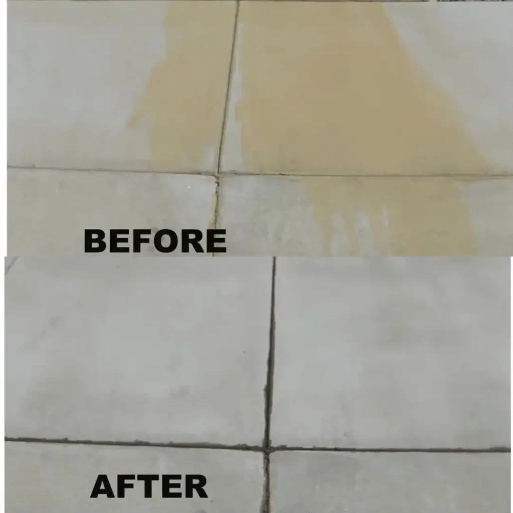 Before and after comparison of rust stain removal on concrete surface, demonstrating professional cleaning services that effectively eliminate tough rust stains and restore cleanliness.